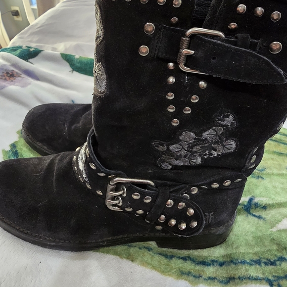 Frye Black Floral Heeled Boots with Studded Buckles - Picture 2 of 3